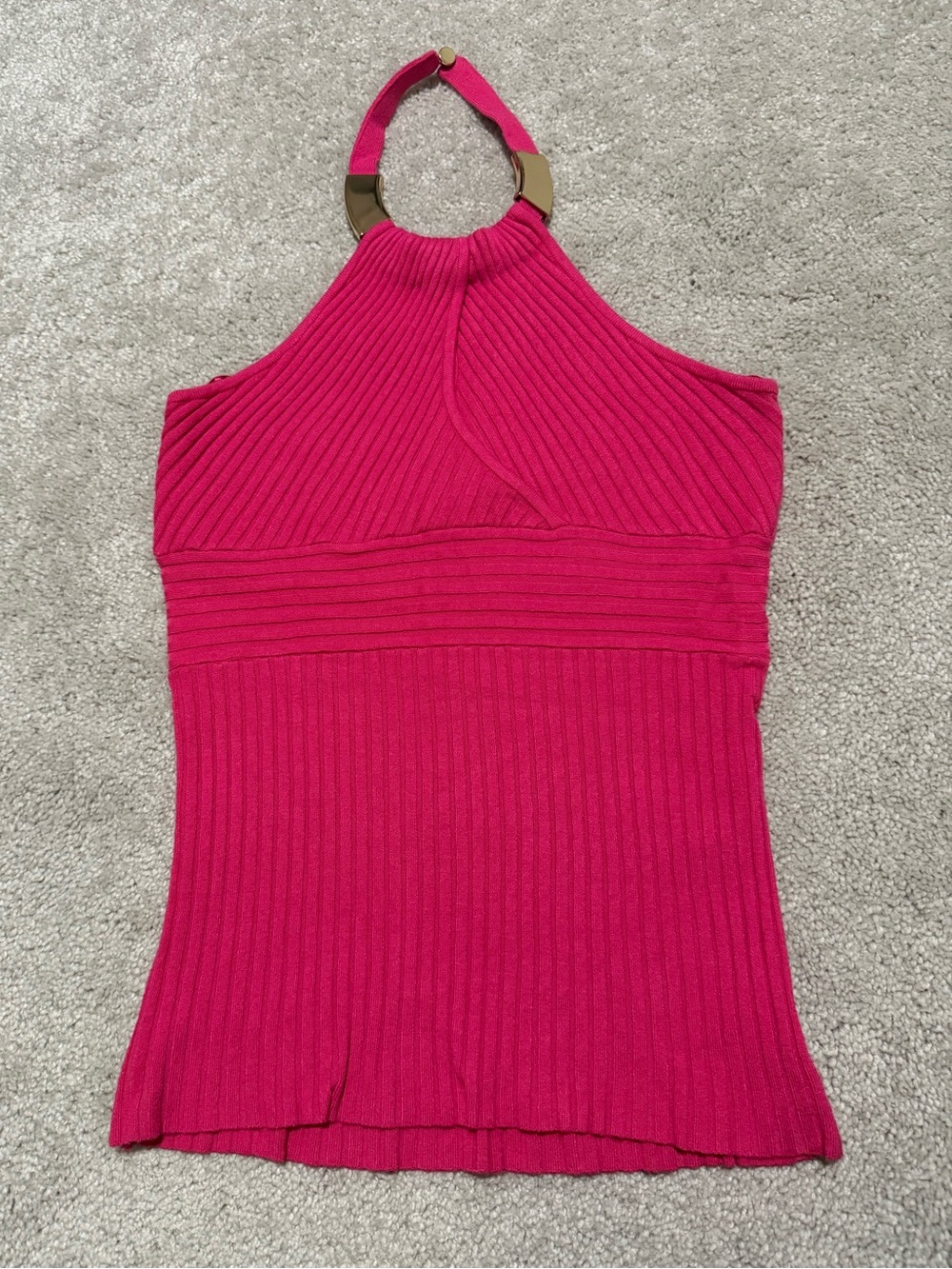 Cache Hot Pink Ribbed Halter Tank with Gold Neck Ring